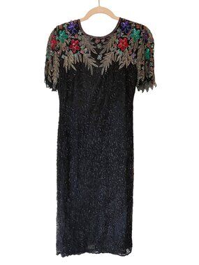 Vintage Miss Paillette Black Silk Beaded Floral Cocktail Dress Small